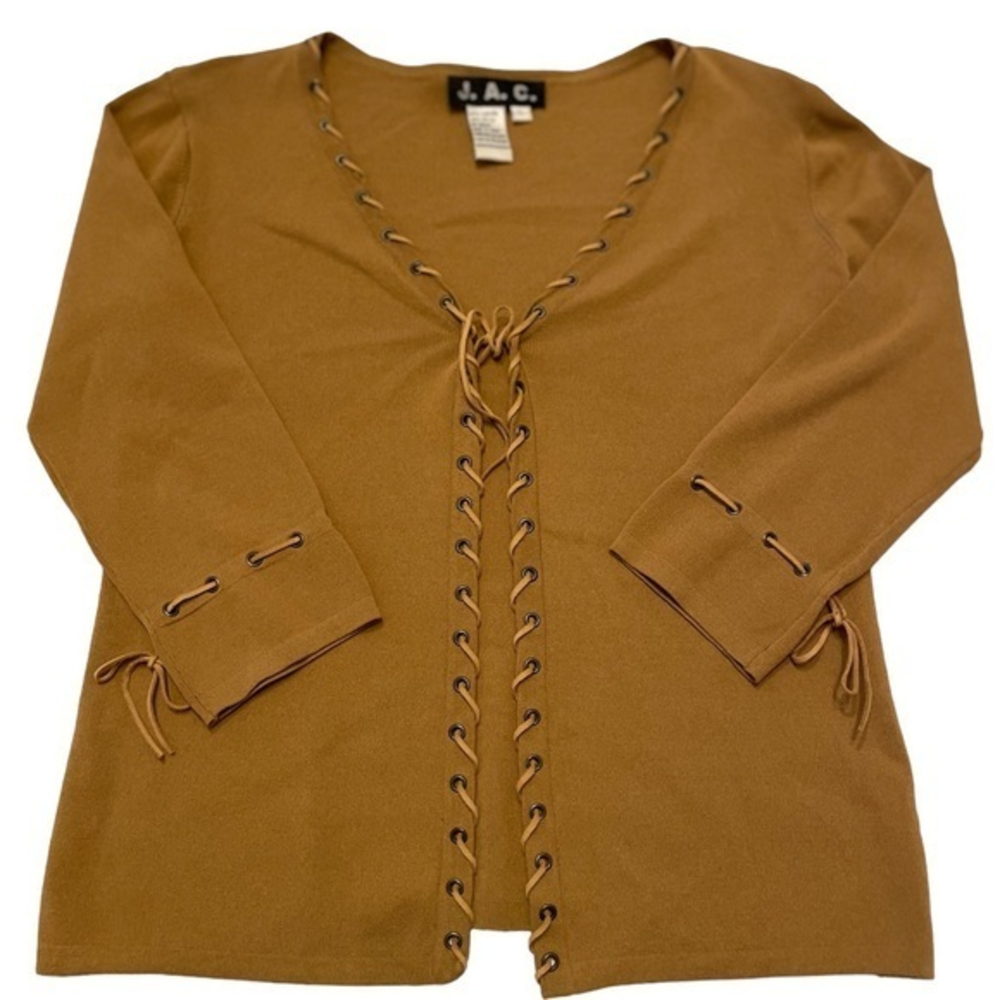 J.A.C. Womens Camel Tan Lace Up V-Neck Knit‎ Top Boho 3/4 Sleeve Size Large